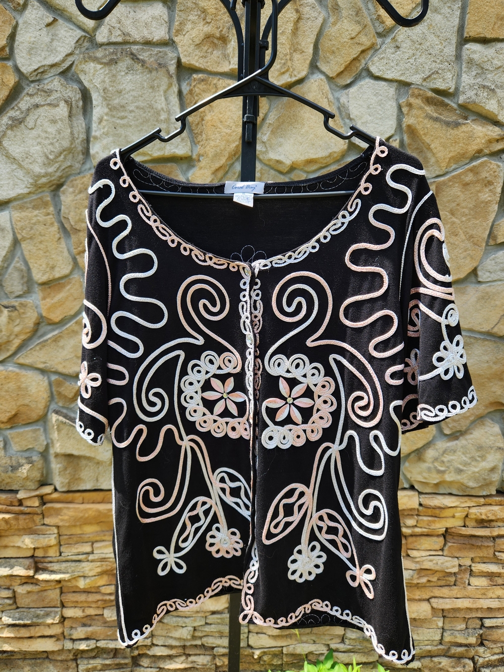 Coral Bay Black Button-Down Top with Pink and White Embroidered Swirls